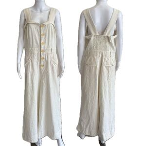 Anthropologie Linen Blend Button Front Overalls Jumpsuit Size 14 Wide Leg Beachy
